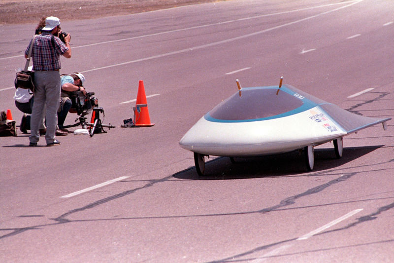 Solar-powered car driving on a test track