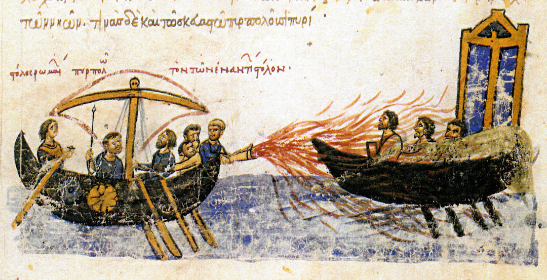 Greek Fire used to destroy an enemy vessel in naval warfare